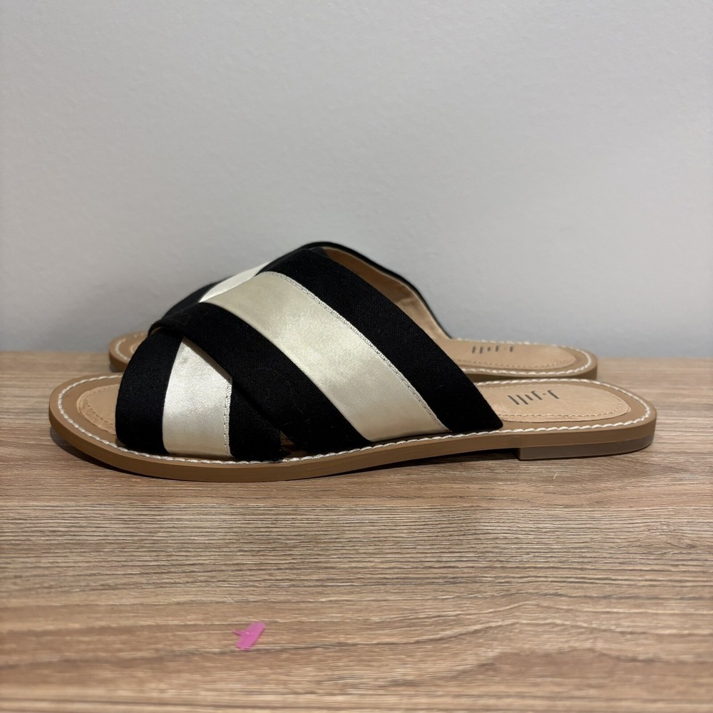 J.Jill Lilyanne‎ Satin Black White Crisscross Slides Sandal size 6 Women's
